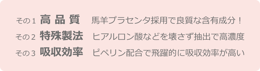 
その１ 高 品 質　 馬羊プラセンタ採用で良質な含有成分！
その２ 特殊製法　ヒアルロン酸などを壊さず抽出で高濃度
その３ 吸収効率　ピペリン配合で飛躍的に吸収効率が高い