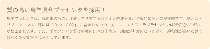 質の高い馬羊混合プラセンタを採用！馬羊プラセンタは、豚由来のものと比較して含有する各アミノ酸成分量が全般的に多いのが特徴です。例えばトリプトファンは、豚には100g中に0.02gしか含まれないのに対して、エキストラプラセンタでは25倍近い0.57gが検出されます。また、羊のタンパク質は多種に比べ分子構造、組織が非常にヒトに近く、親和性が高いだけではなく免疫寛容されるとしています。