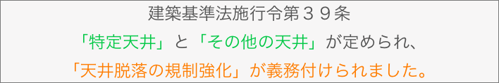 建築基準法施行令第３９条
「特定天井」と「その他の天井」が定められ、
「天井脱落の規制強化」が義務付けられました。 
天井に対する新しい基準が定められました